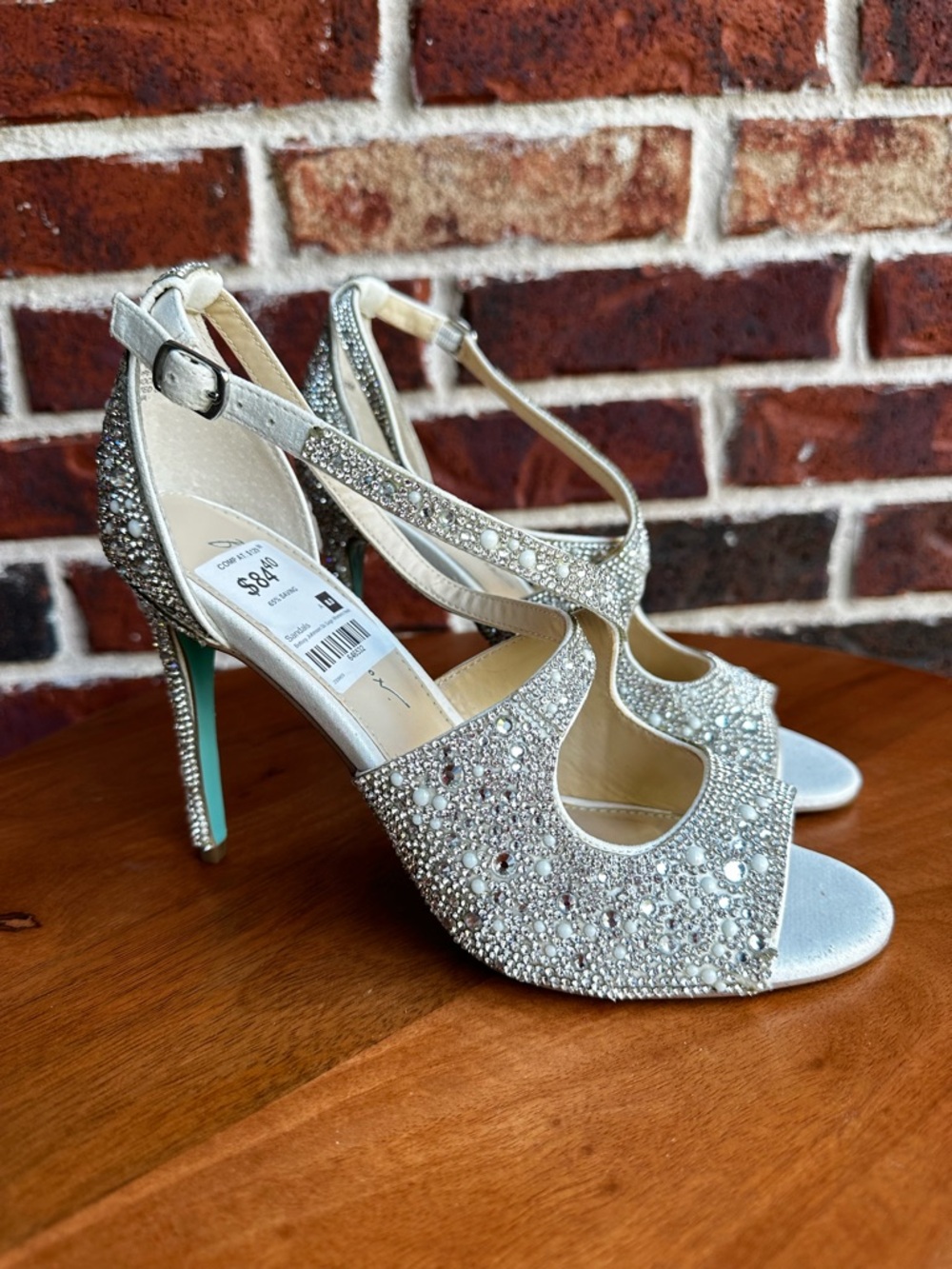 Betsey Johnson Silver Crystal Embellished Peep-Toe Slingback Heels